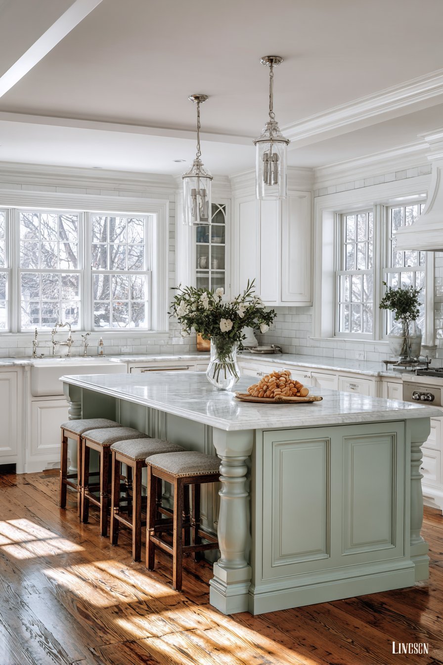 White inset cabinets with grey-green cross-buck island, Carrara marble, beveled subway tile and reclaimed pine floor