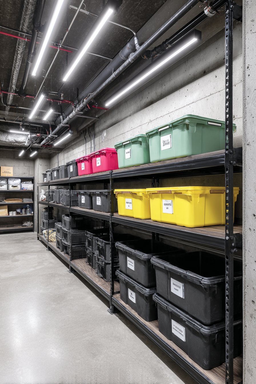 Black powder-coated steel shelving with latching bins, labeled contents and canned goods on a grey concrete basement wall