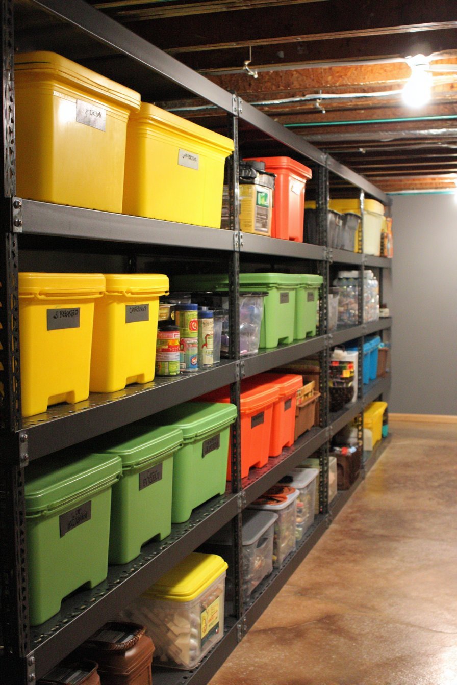 Black powder-coated steel shelving with latching bins, labeled contents and canned goods on a grey concrete basement wall