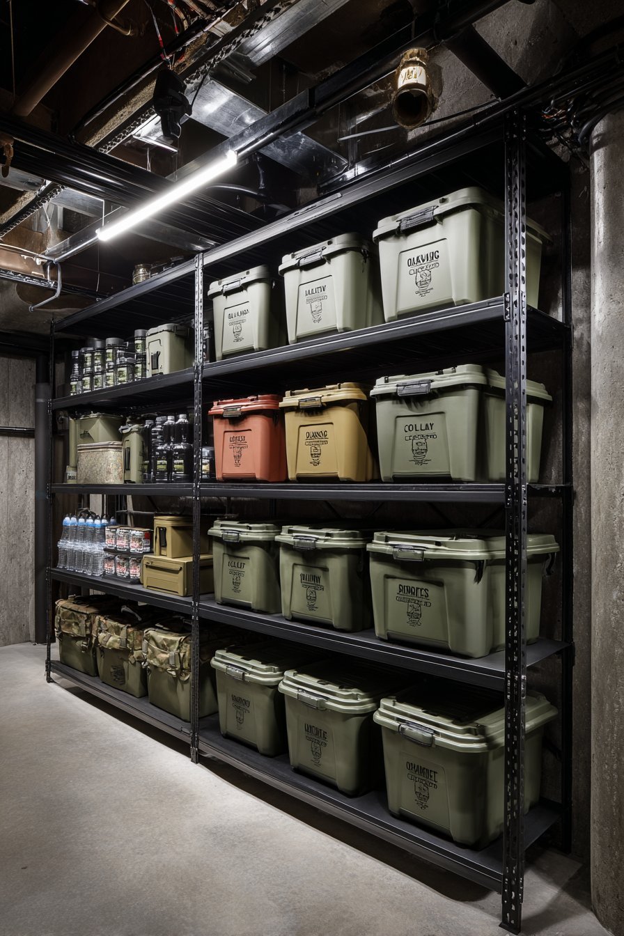 Black powder-coated steel shelving with latching bins, labeled contents and canned goods on a grey concrete basement wall