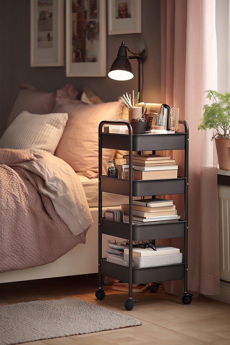 Narrow matte black rolling cart beside a bed with books, lamp, glasses and a small potted plant