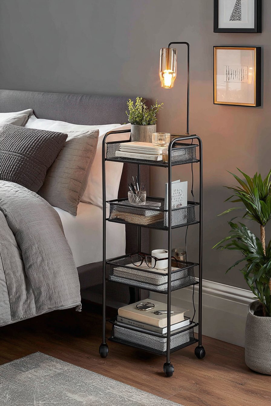 Narrow matte black rolling cart beside a bed with books, lamp, glasses and a small potted plant