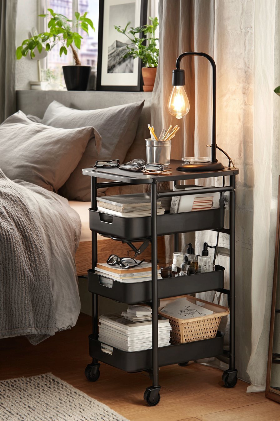 Narrow matte black rolling cart beside a bed with books, lamp, glasses and a small potted plant