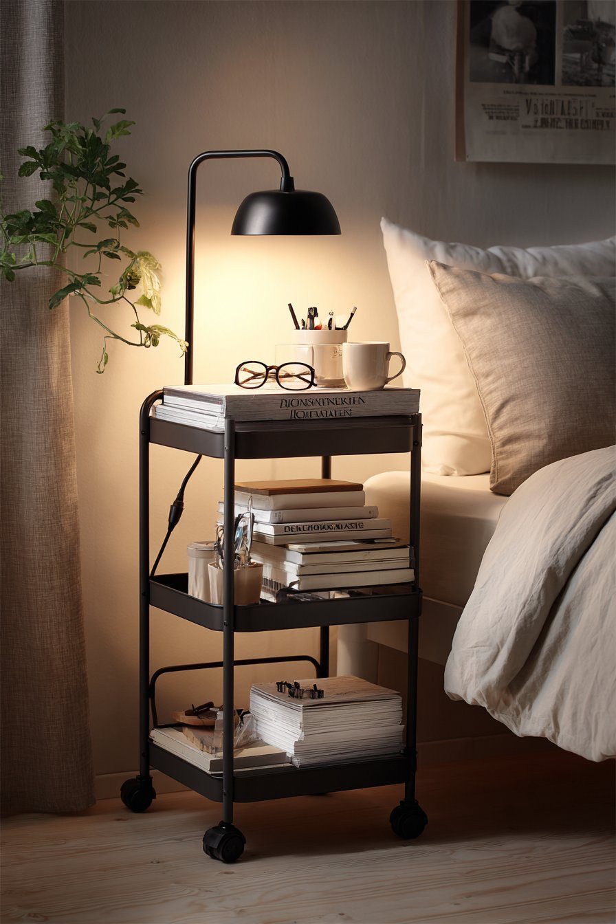 Narrow matte black rolling cart beside a bed with books, lamp, glasses and a small potted plant