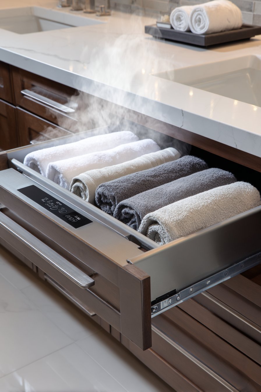 Walnut vanity with open towel warming drawer holding rolled white and grey cotton towels
