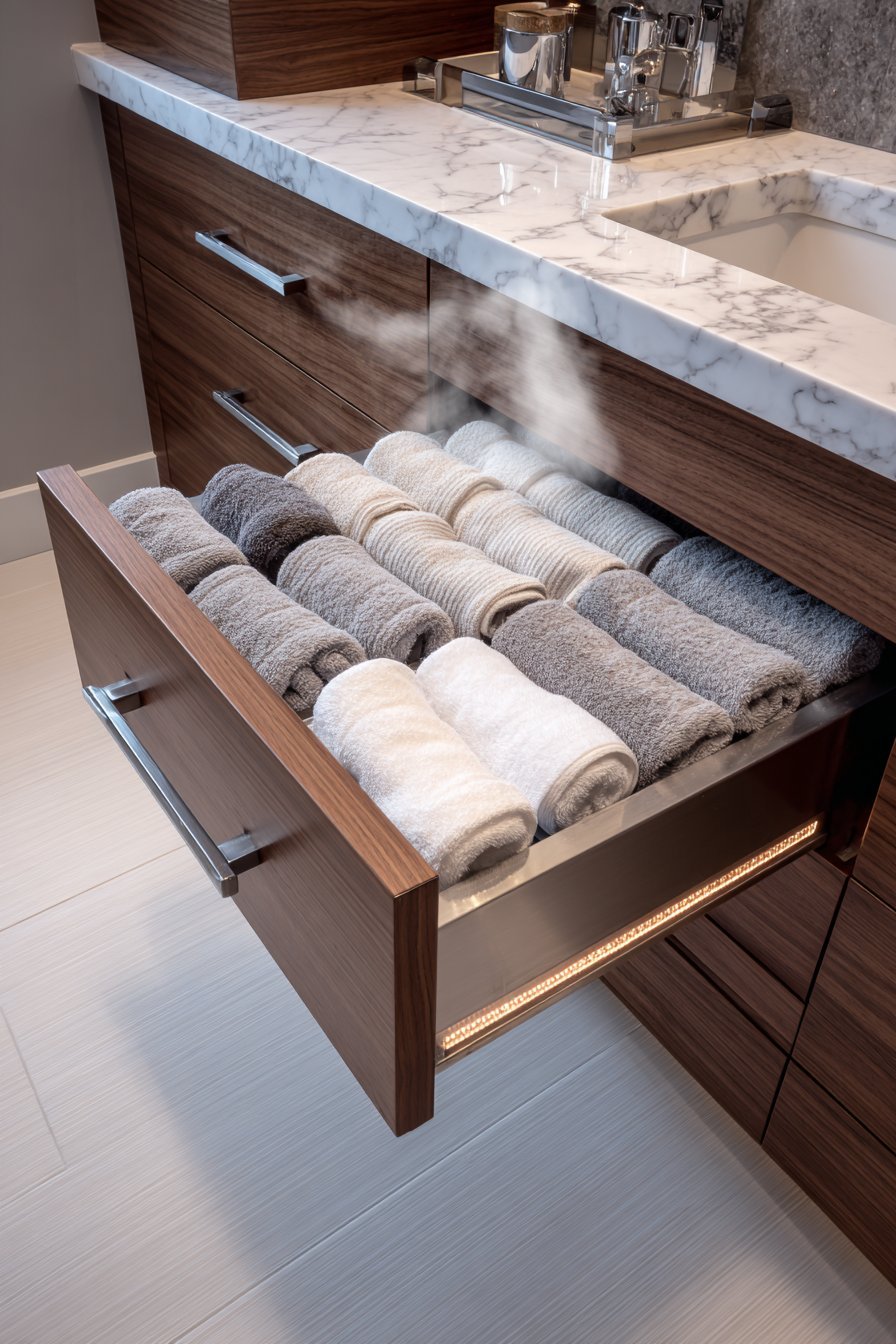 Walnut vanity with open towel warming drawer holding rolled white and grey cotton towels