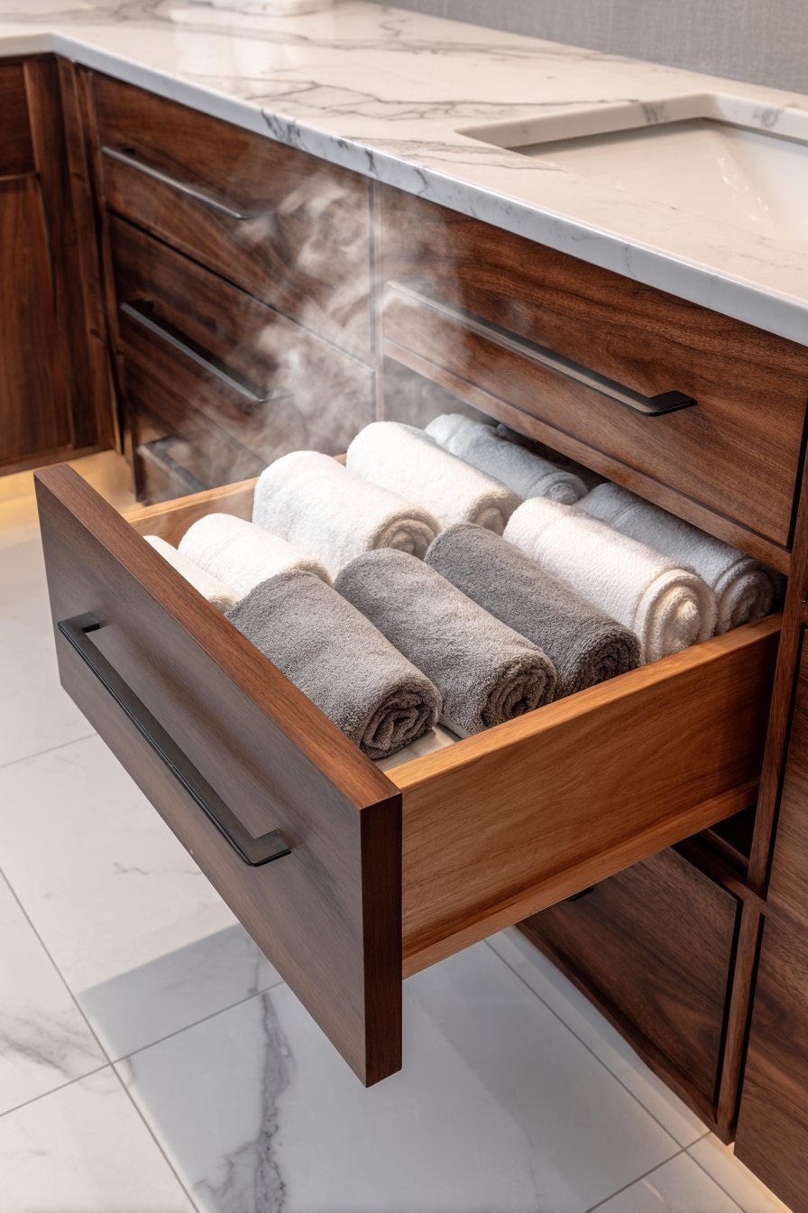 Walnut vanity with open towel warming drawer holding rolled white and grey cotton towels