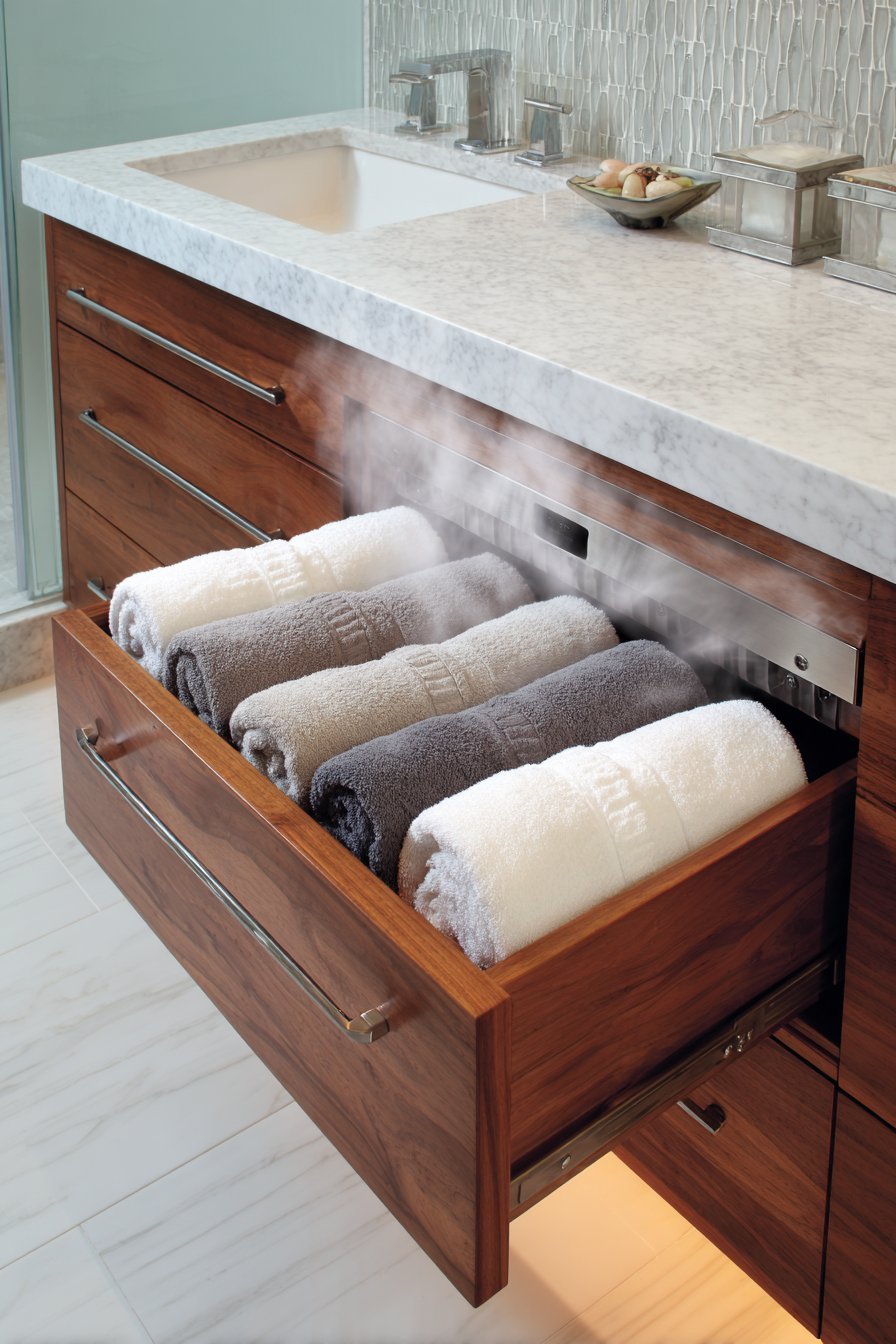 Walnut vanity with open towel warming drawer holding rolled white and grey cotton towels