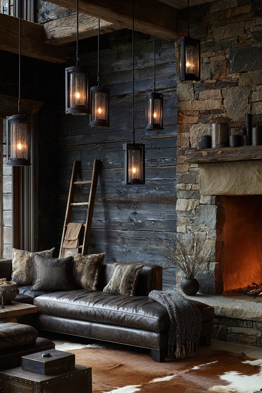 Dark-stained shiplap walls with tobacco leather sofa, cowhide rug, lantern pendants and stone fireplace