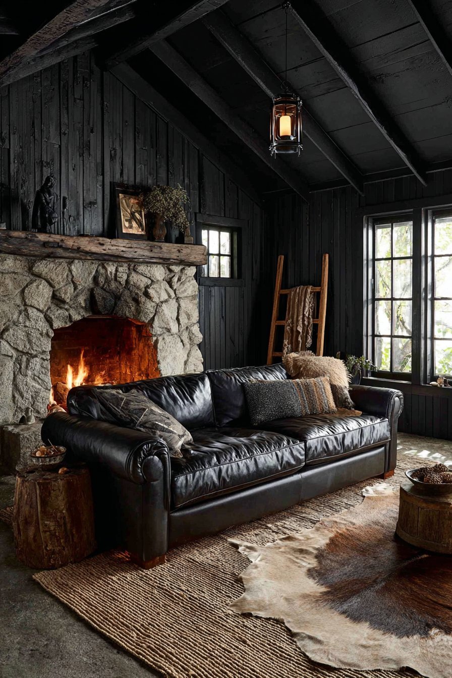 Dark-stained shiplap walls with tobacco leather sofa, cowhide rug, lantern pendants and stone fireplace