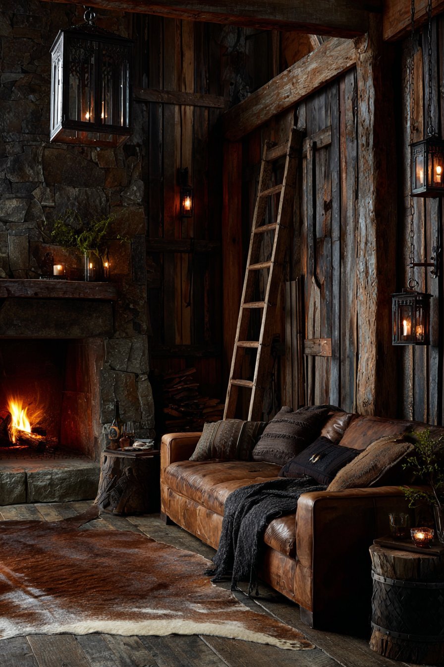 Dark-stained shiplap walls with tobacco leather sofa, cowhide rug, lantern pendants and stone fireplace