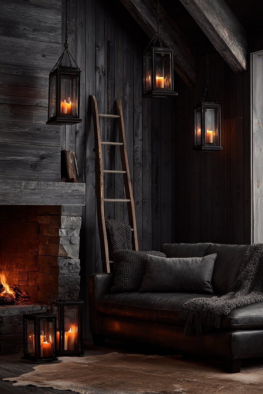 Dark-stained shiplap walls with tobacco leather sofa, cowhide rug, lantern pendants and stone fireplace
