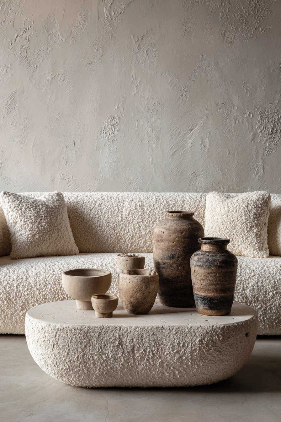 Contemporary living room with cream bouclé sculptural sofa, curved plaster coffee table and microcement walls
