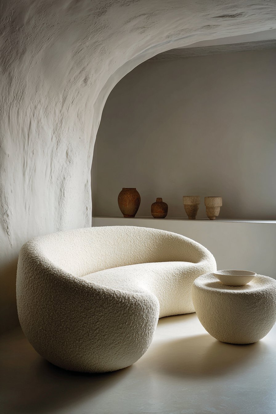 Contemporary living room with cream bouclé sculptural sofa, curved plaster coffee table and microcement walls