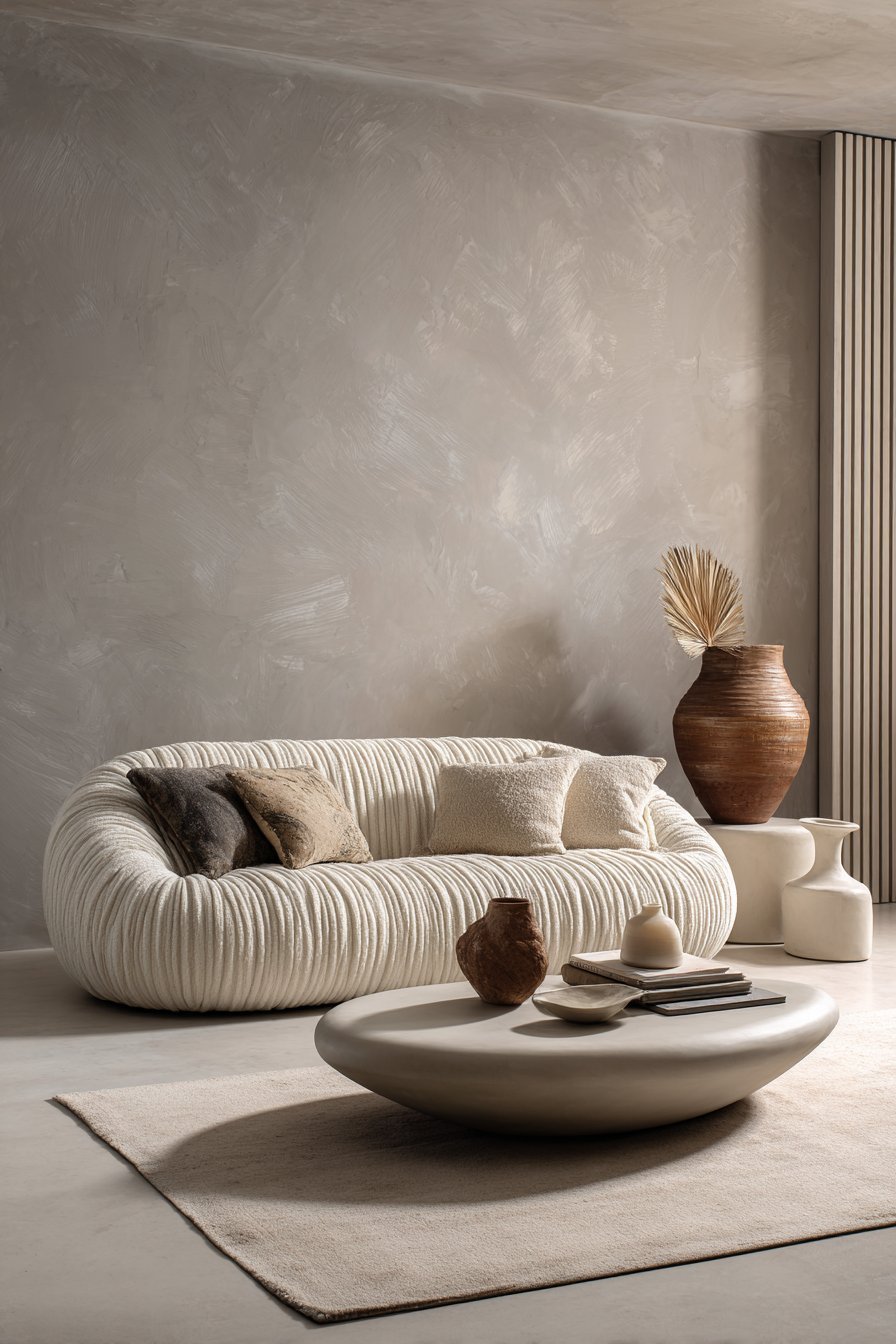 Contemporary living room with cream bouclé sculptural sofa, curved plaster coffee table and microcement walls