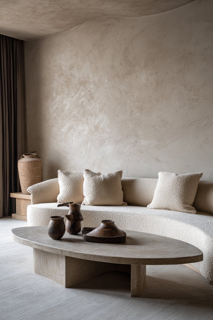 Contemporary living room with cream bouclé sculptural sofa, curved plaster coffee table and microcement walls