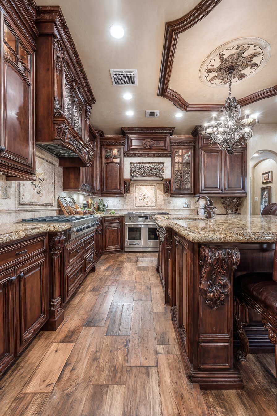 Espresso cherry cabinets to the ceiling with golden beige granite, tumbled stone medallion backsplash and travertine floor