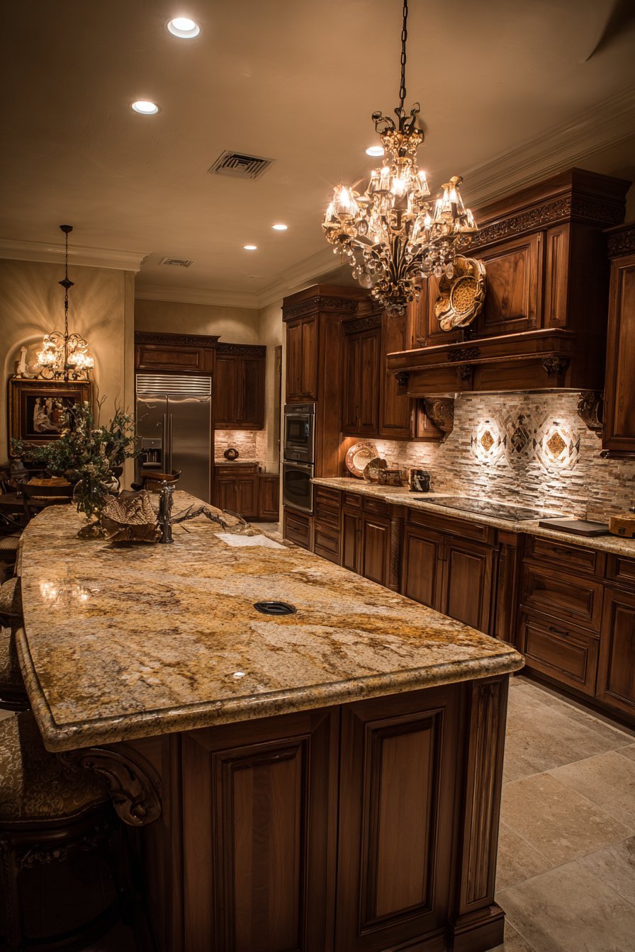 Espresso cherry cabinets to the ceiling with golden beige granite, tumbled stone medallion backsplash and travertine floor