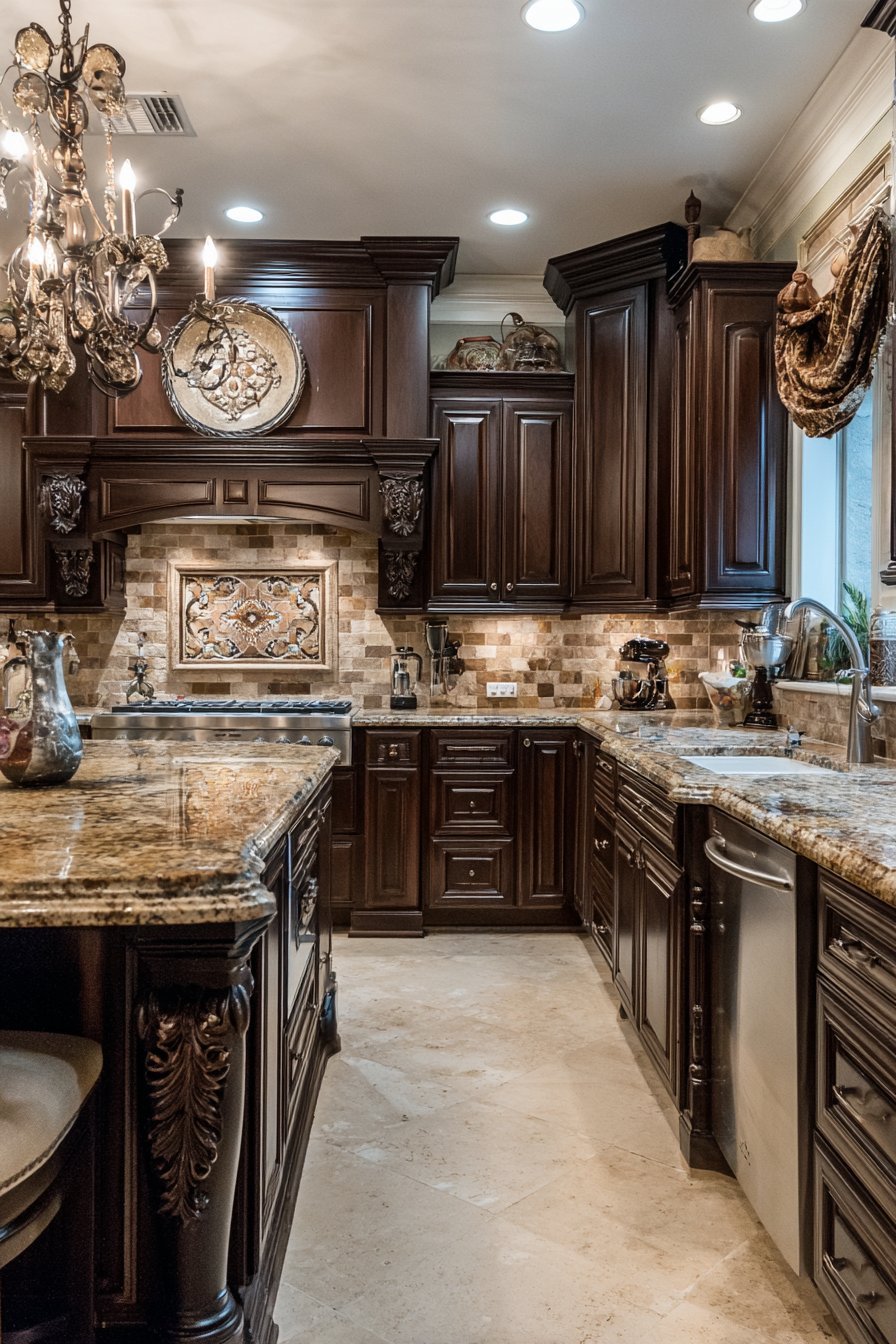 Espresso cherry cabinets to the ceiling with golden beige granite, tumbled stone medallion backsplash and travertine floor