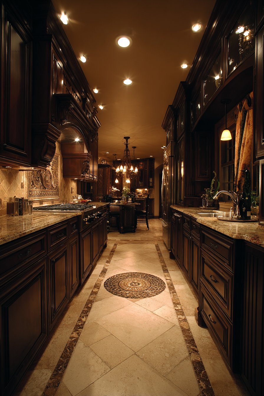 Espresso cherry cabinets to the ceiling with golden beige granite, tumbled stone medallion backsplash and travertine floor