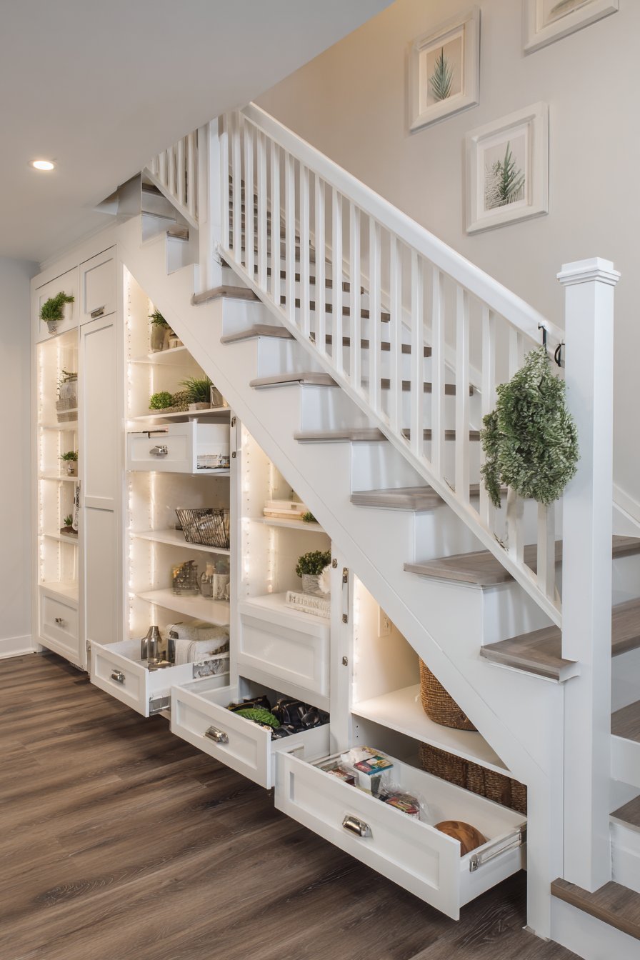Built-in under-stair basement storage with white pull-out drawers, dividers and LED strip lighting
