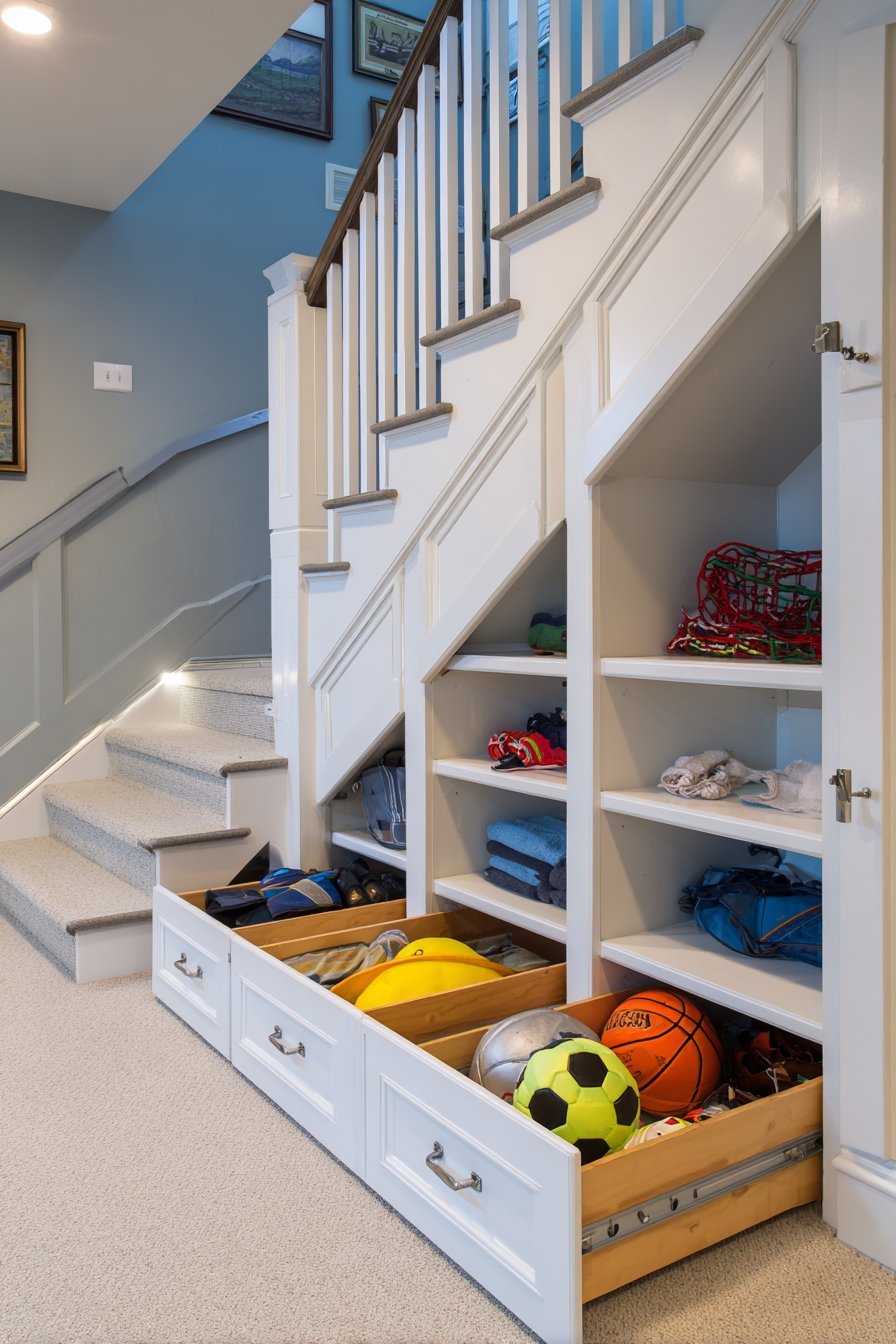 Built-in under-stair basement storage with white pull-out drawers, dividers and LED strip lighting