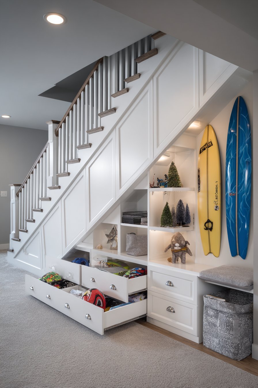 Built-in under-stair basement storage with white pull-out drawers, dividers and LED strip lighting