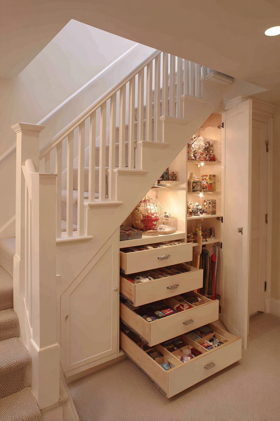 Built-in under-stair basement storage with white pull-out drawers, dividers and LED strip lighting