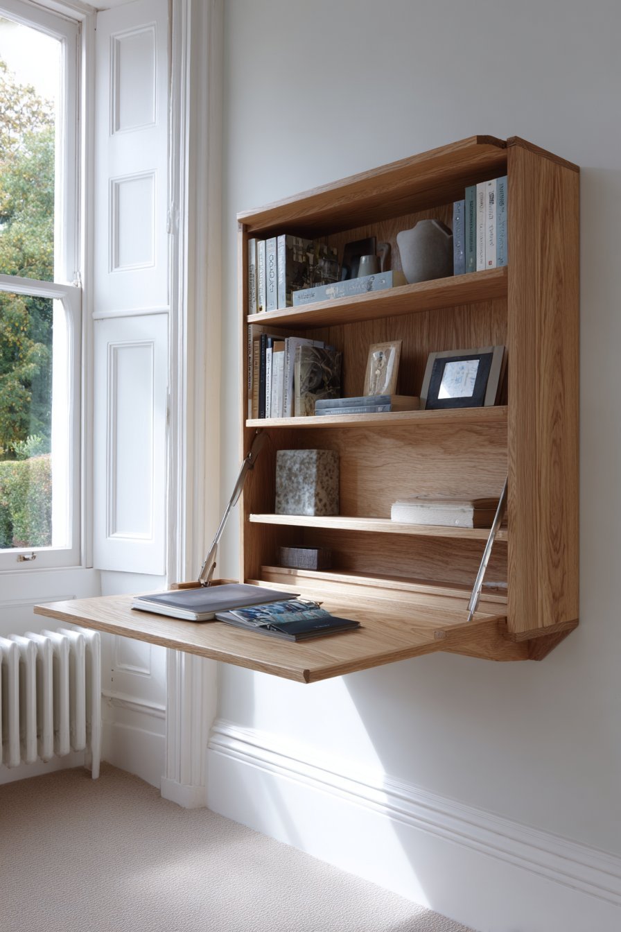 Natural oak wall-mounted fold-down desk with compartments for supplies and shelves above holding books and boxes
