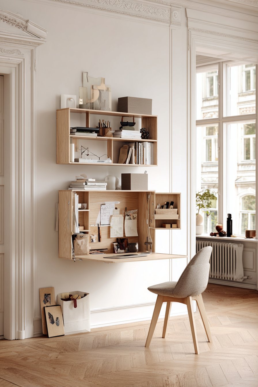 Natural oak wall-mounted fold-down desk with compartments for supplies and shelves above holding books and boxes