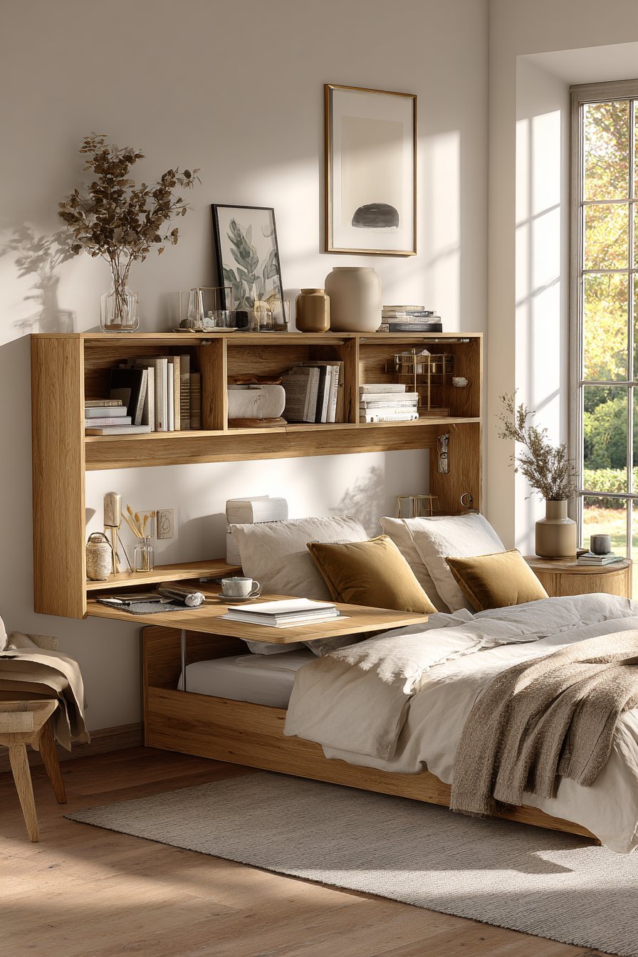 Natural oak wall-mounted fold-down desk with compartments for supplies and shelves above holding books and boxes