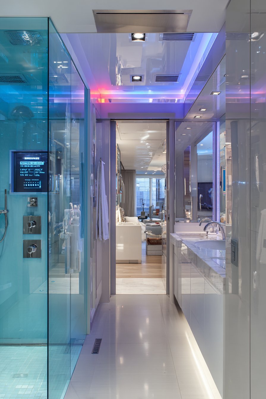 Frameless glass shower with digital control panel, smart mirror display and high-gloss white floating vanity
