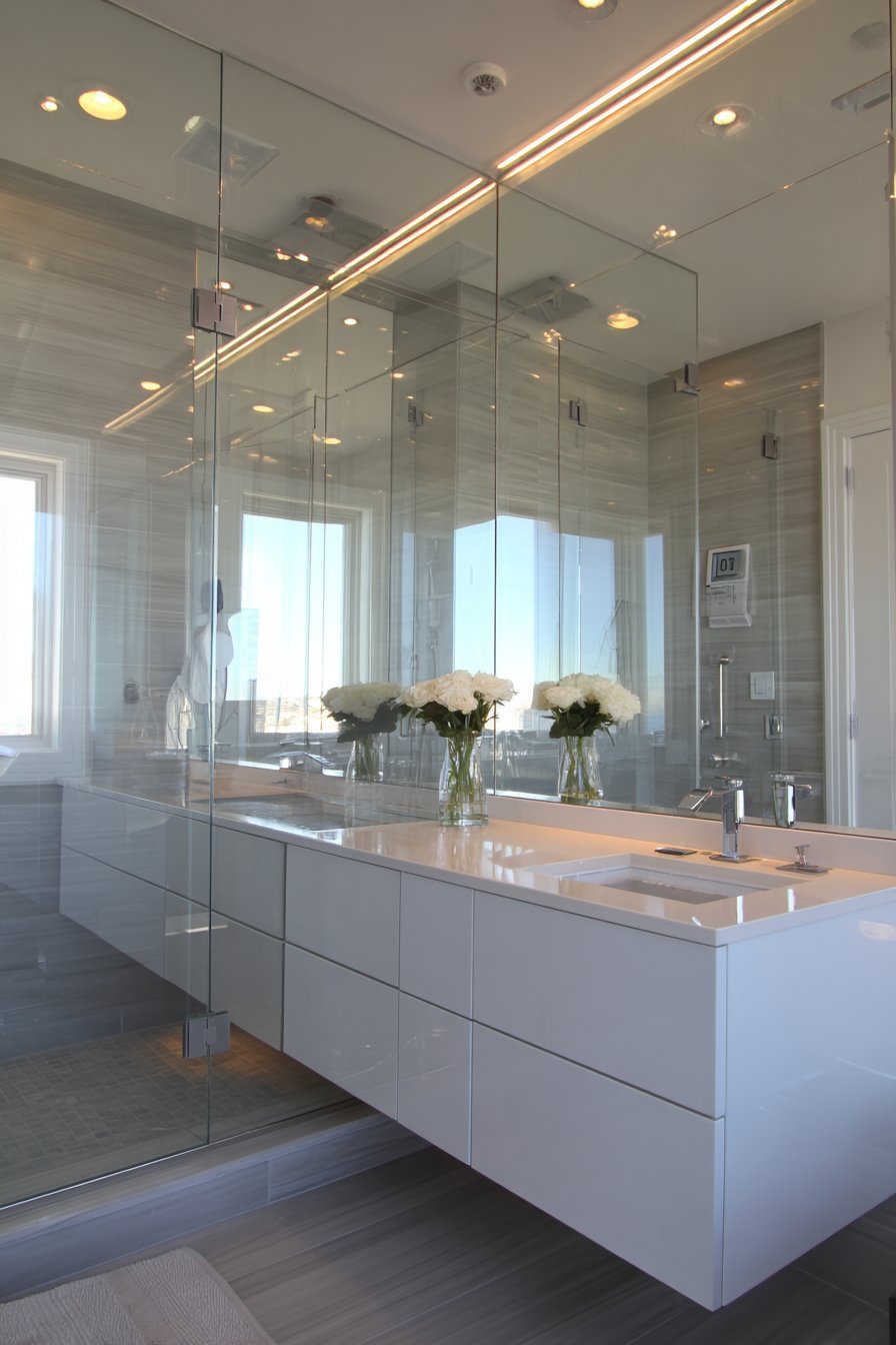 Frameless glass shower with digital control panel, smart mirror display and high-gloss white floating vanity