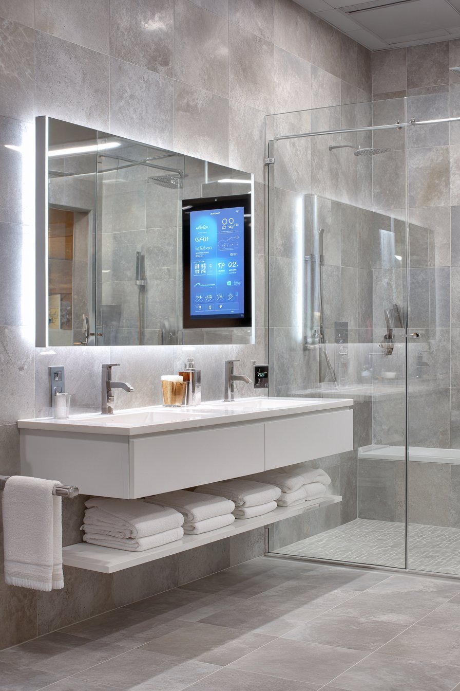 Frameless glass shower with digital control panel, smart mirror display and high-gloss white floating vanity