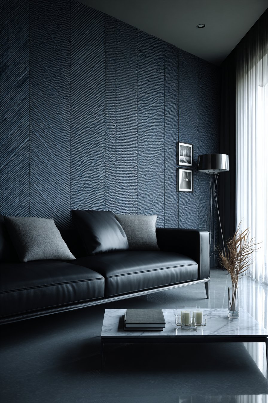 Grey herringbone wool-upholstered walls with black leather sofa, white marble coffee table and concrete floor