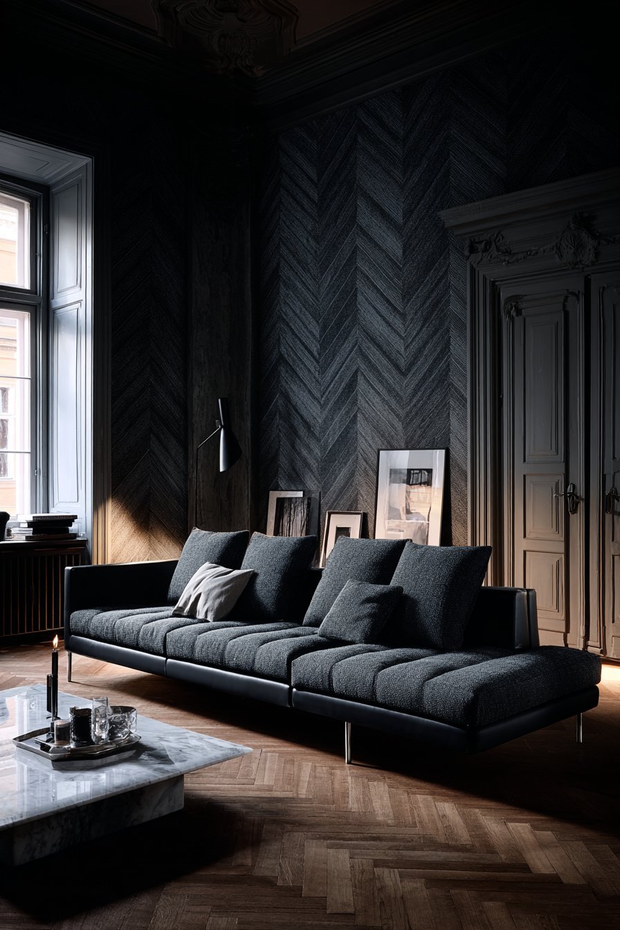 Grey herringbone wool-upholstered walls with black leather sofa, white marble coffee table and concrete floor