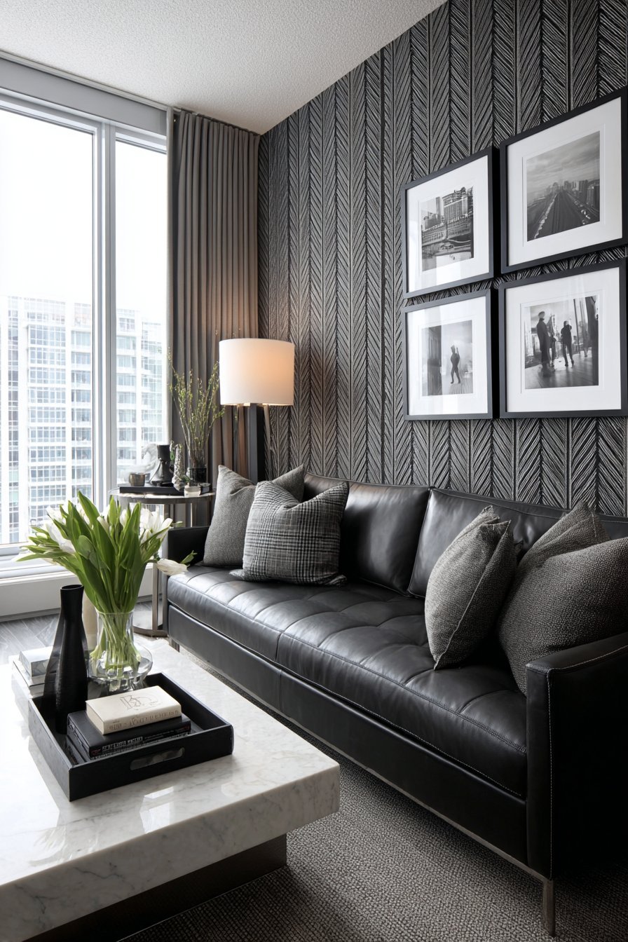 Grey herringbone wool-upholstered walls with black leather sofa, white marble coffee table and concrete floor