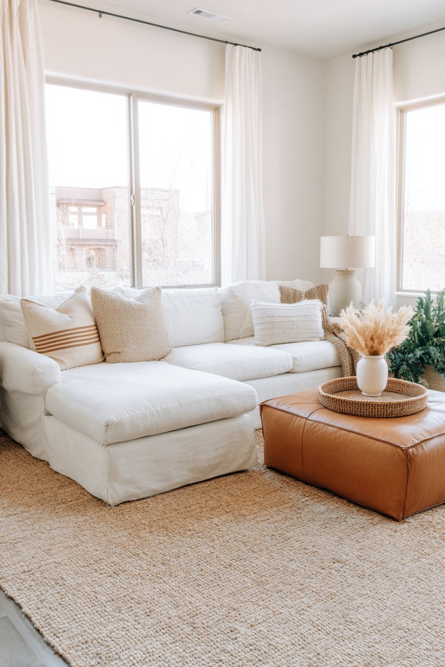 Family-friendly living room with sand slipcovered sectional, tan leather storage ottoman and sisal rug
