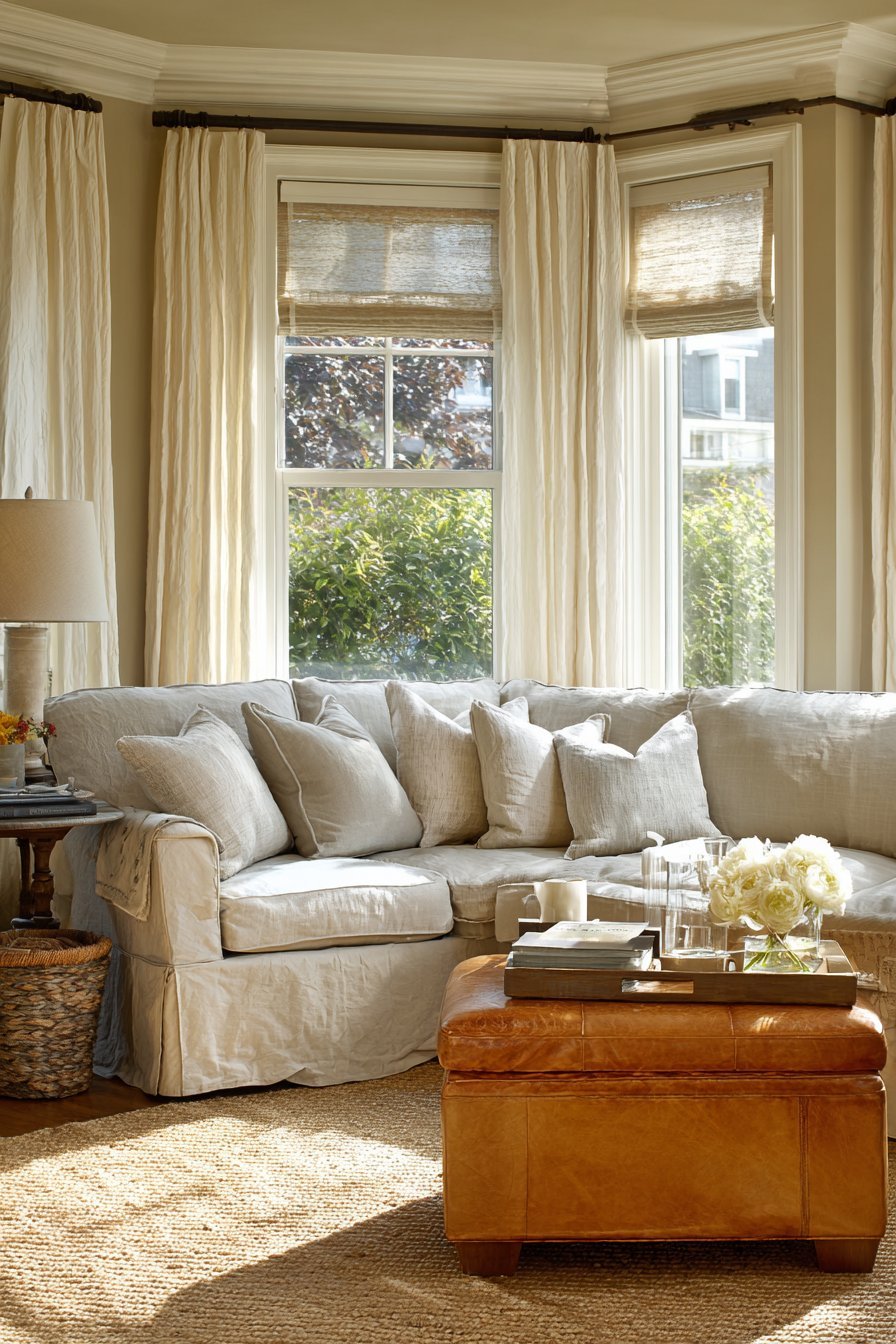 Family-friendly living room with sand slipcovered sectional, tan leather storage ottoman and sisal rug
