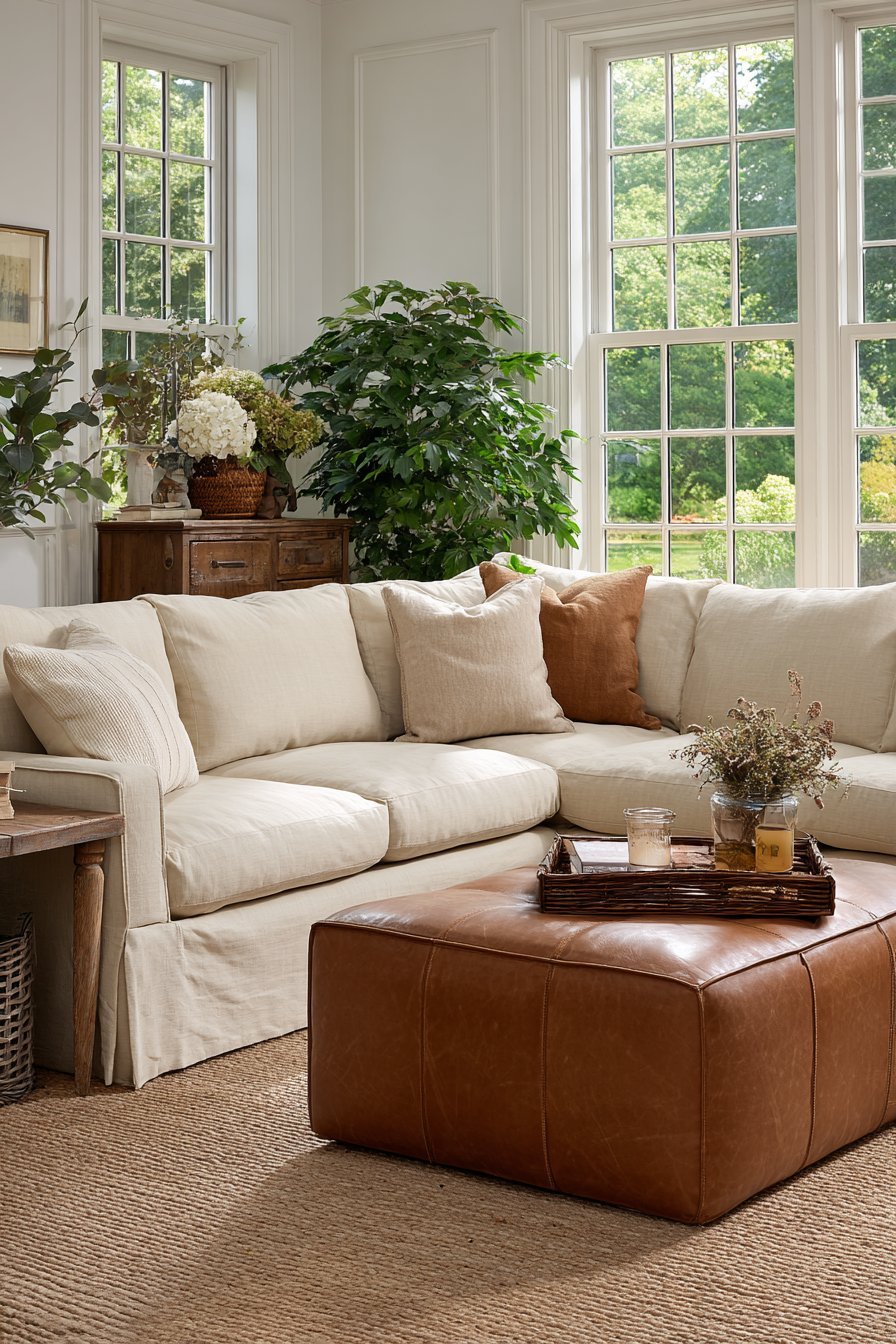 Family-friendly living room with sand slipcovered sectional, tan leather storage ottoman and sisal rug