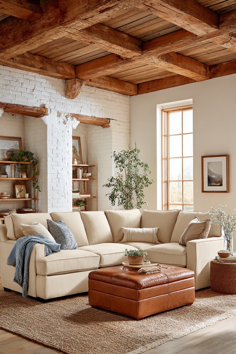 Family-friendly living room with sand slipcovered sectional, tan leather storage ottoman and sisal rug