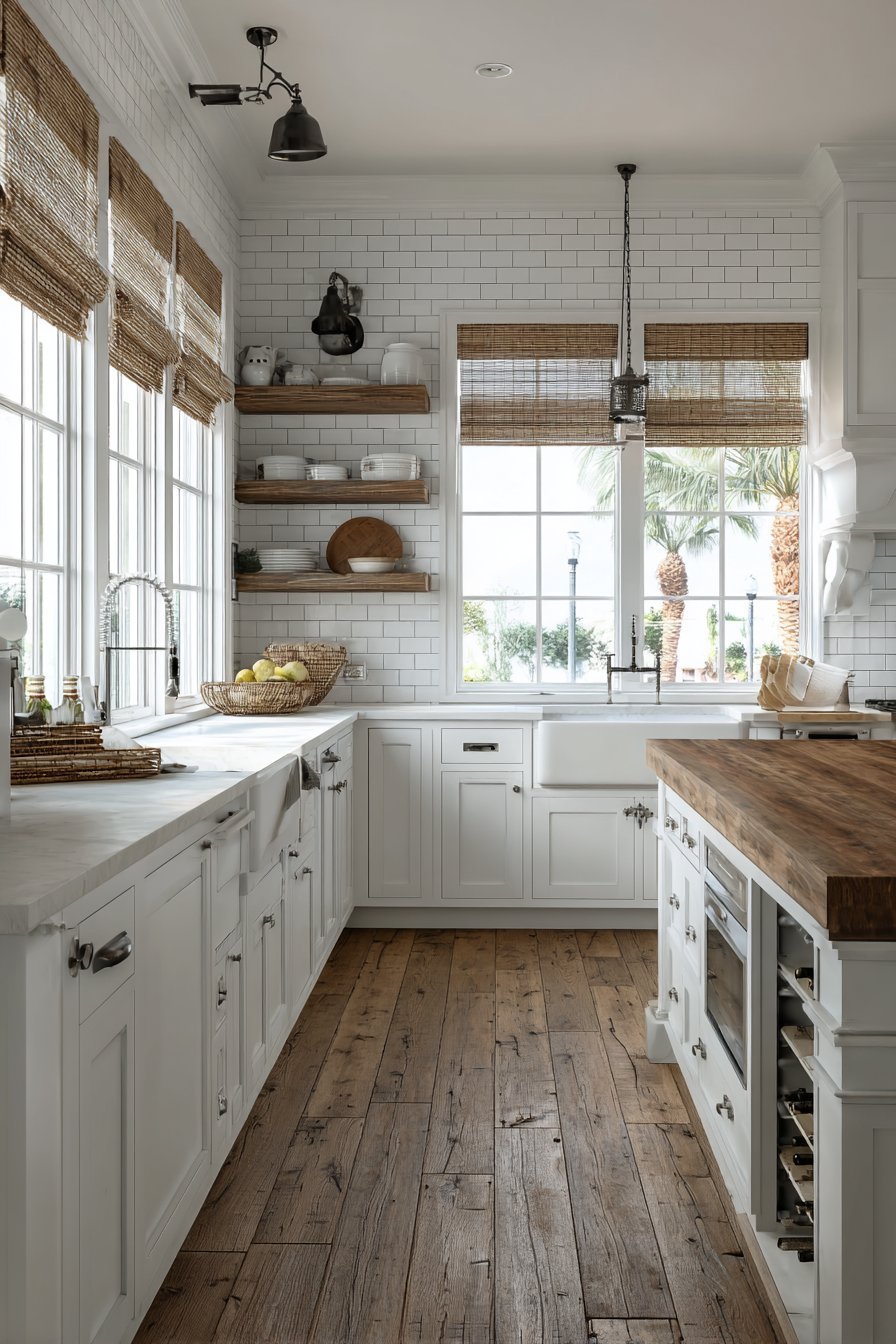 White shaker kitchen with aged brass pulls, butcher block counters, pot filler, bamboo shades and wrought iron shelves