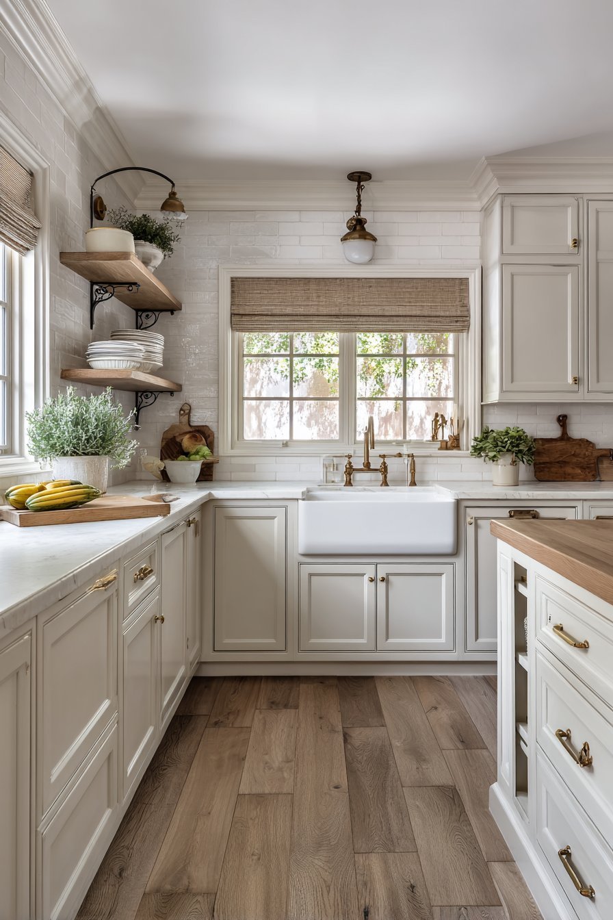 White shaker kitchen with aged brass pulls, butcher block counters, pot filler, bamboo shades and wrought iron shelves