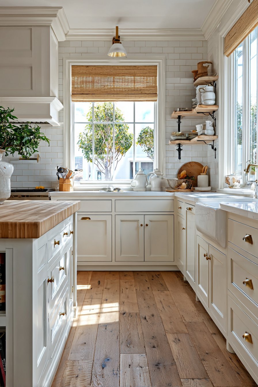 White shaker kitchen with aged brass pulls, butcher block counters, pot filler, bamboo shades and wrought iron shelves