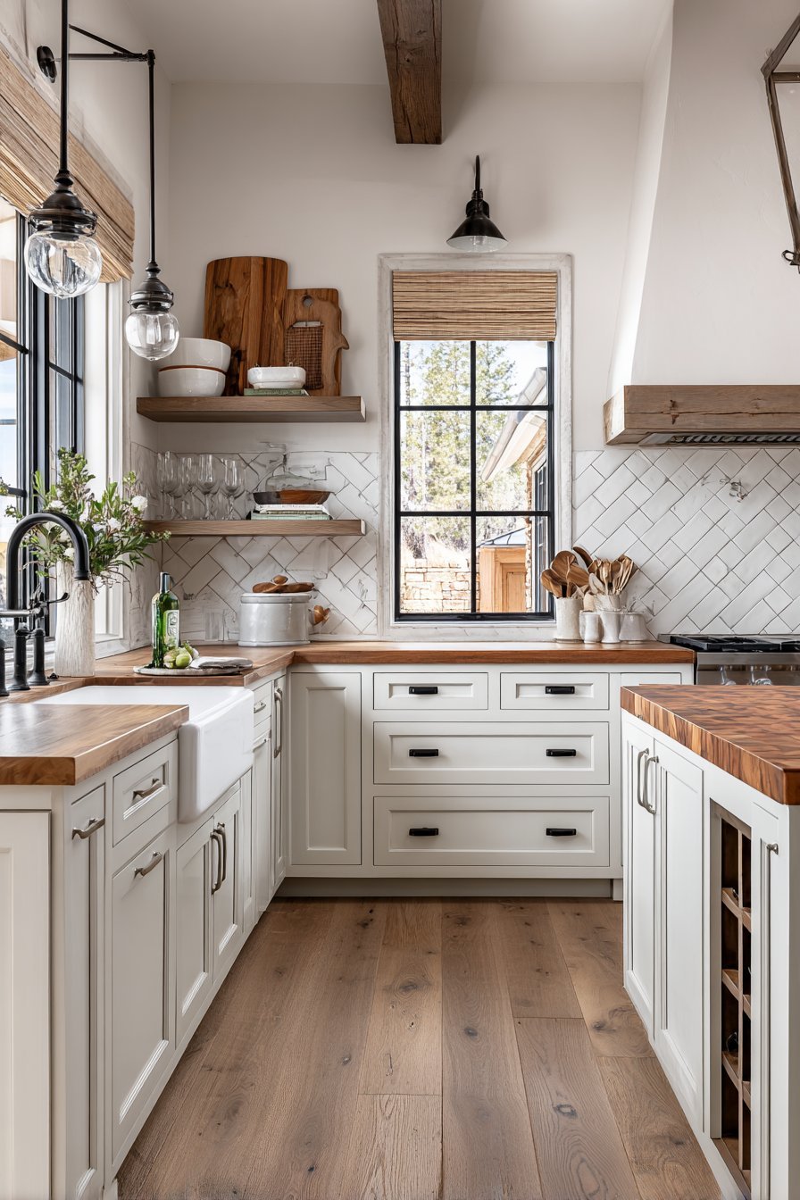 White shaker kitchen with aged brass pulls, butcher block counters, pot filler, bamboo shades and wrought iron shelves