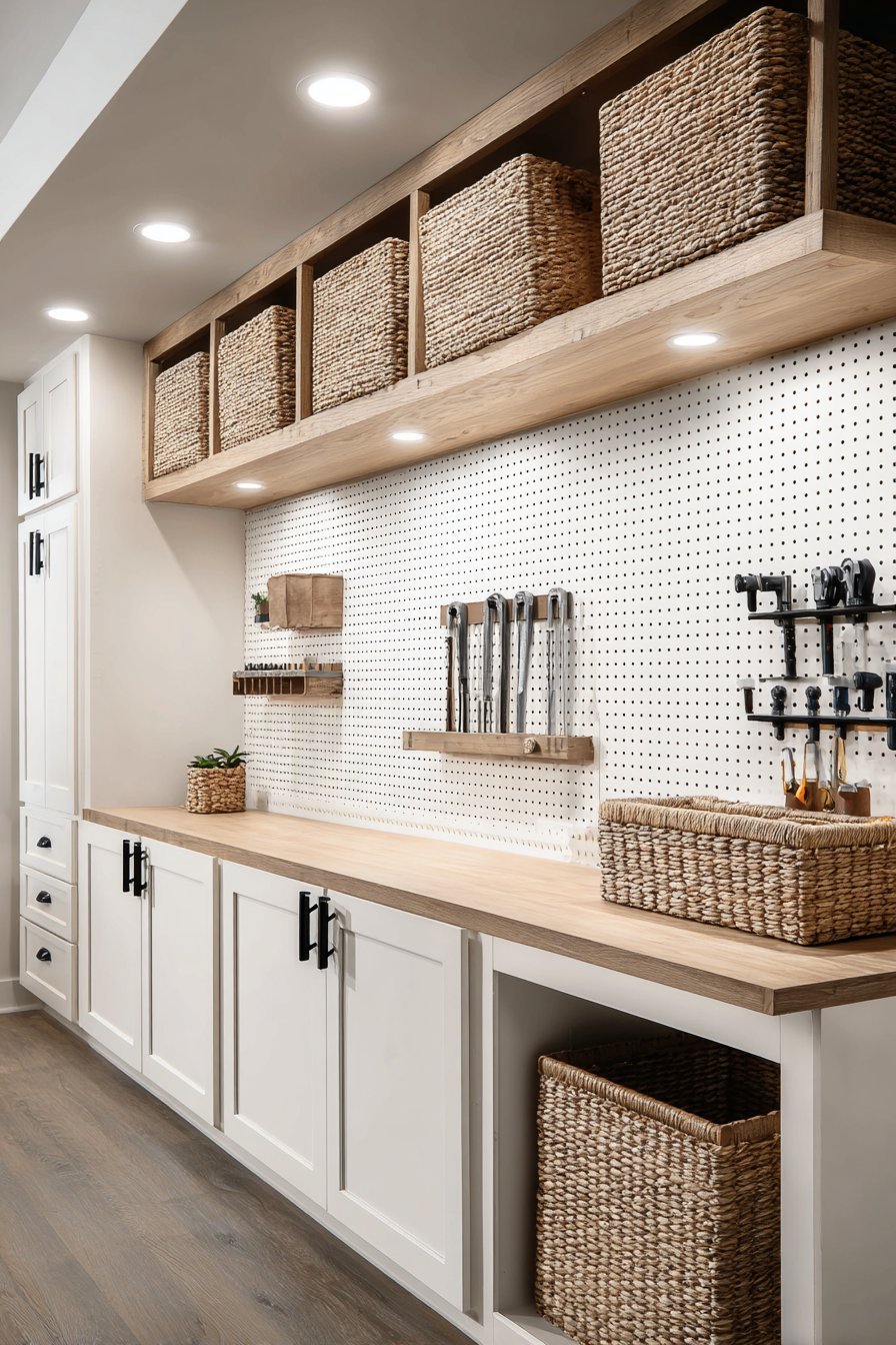 White basement cubbies with rattan baskets, closed cabinets below and a fold-down workbench with pegboard