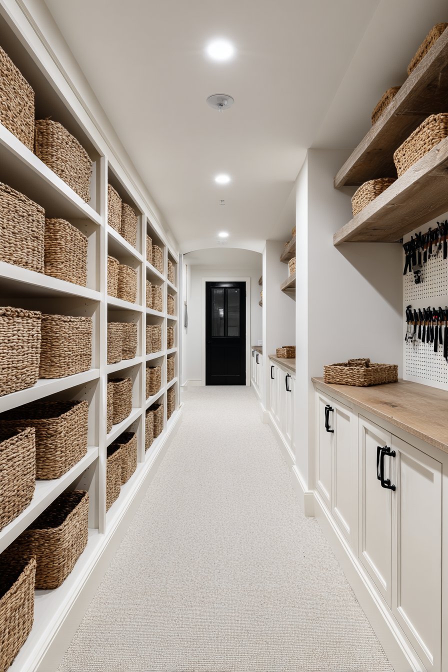 White basement cubbies with rattan baskets, closed cabinets below and a fold-down workbench with pegboard