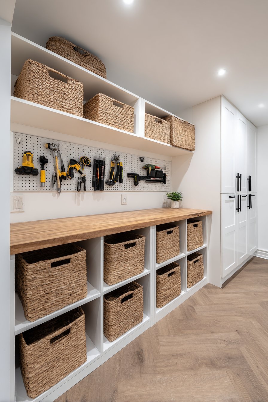 White basement cubbies with rattan baskets, closed cabinets below and a fold-down workbench with pegboard