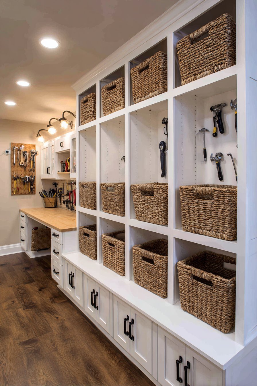 White basement cubbies with rattan baskets, closed cabinets below and a fold-down workbench with pegboard