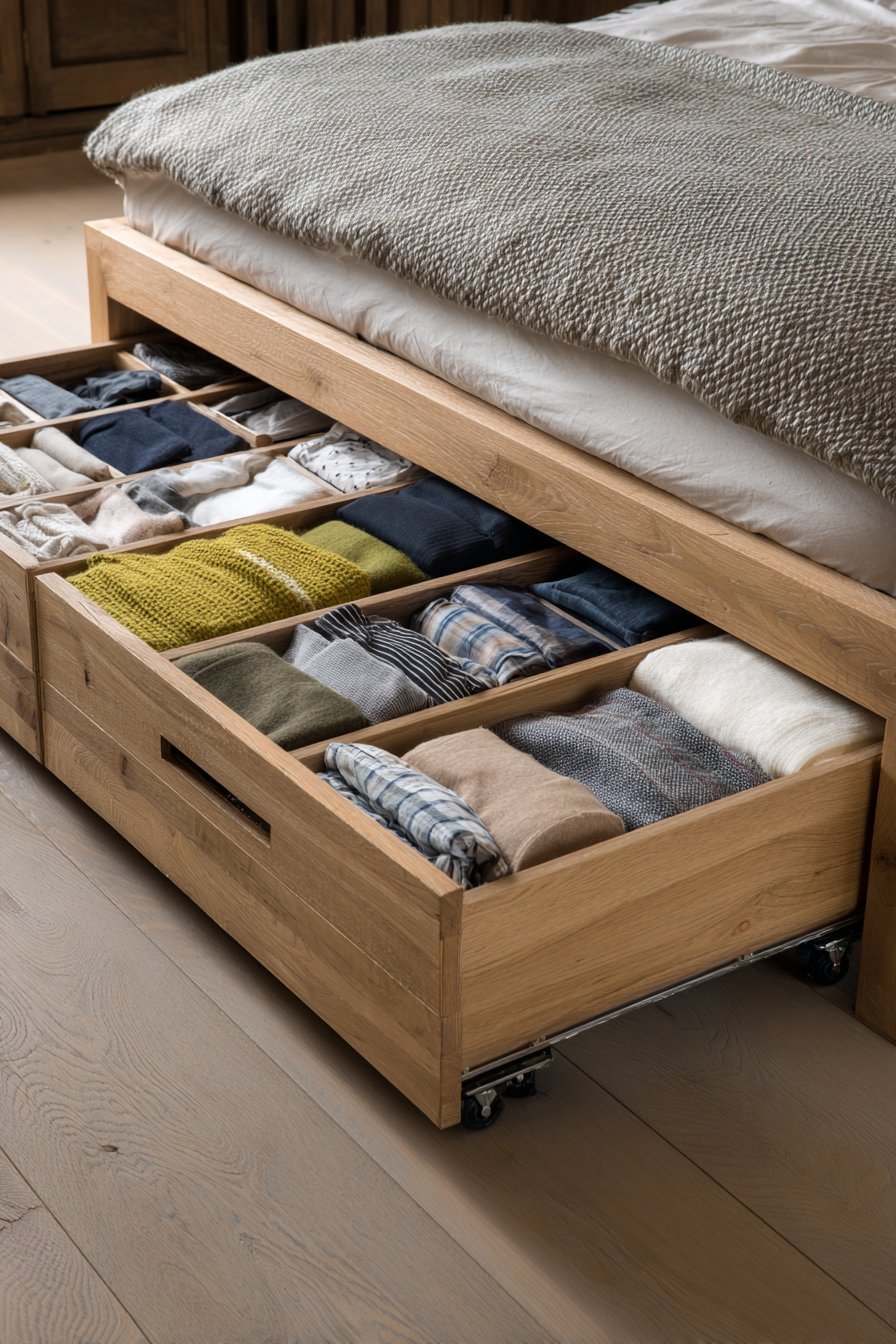 Natural oak under-bed drawers on casters pulled partly open to show organized linen compartments beneath a raised bed